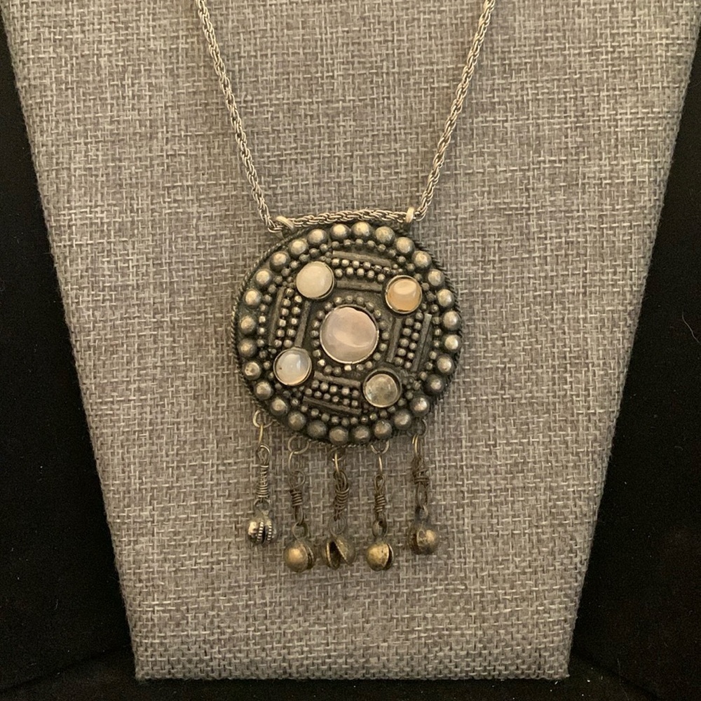 Boho Brutalist Style Pendant silver tone chain 19” (LOOK READ)